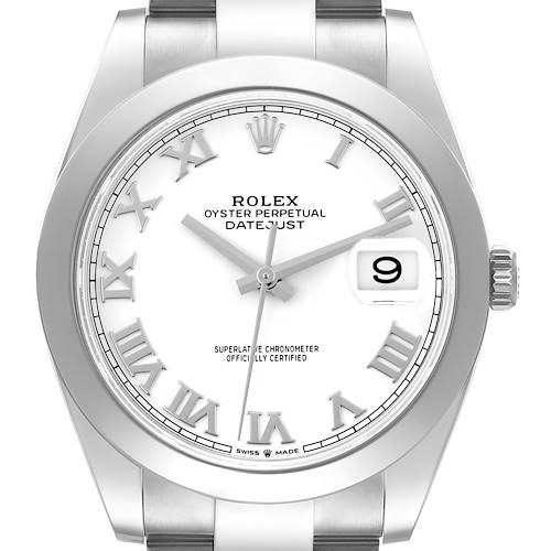 The Rolex Datejust 41 126300 Men's Stainless Steel White Dial 126300 Men's Stainless Steel White Dial is shown from the front, featuring its white dial, Roman numerals, and date magnifier.