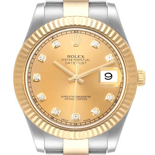 The image shows a frontal view of a Rolex Datejust 41 116333 Men's Steel and Gold (two tone) Champagne Dial 116333 Men's Steel and Gold (two tone) Champagne Dial watch, highlighting its champagne dial, diamond hour markers, and fluted bezel.