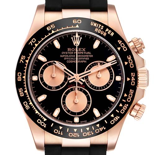 The Rolex Daytona 116515LN Men's Rose Gold Black Dial 116515LN Men's Rose Gold Black Dial watch is shown from a front angle, highlighting its face, bezel, and crown.