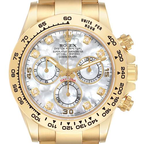 This Rolex Daytona 116508 Men's Yellow Gold Mother of Pearl Dial 116508 Men's Yellow Gold Mother of Pearl Dial watch is shown from the front, highlighting the dial, bezel, and side pushers.