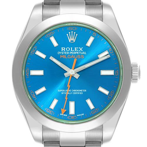 The Rolex Milgauss 116400GV Men's Stainless Steel Blue Dial 116400GV Men's Stainless Steel Blue Dial watch is shown from a front angle, displaying the dial, hands, and part of the bracelet.