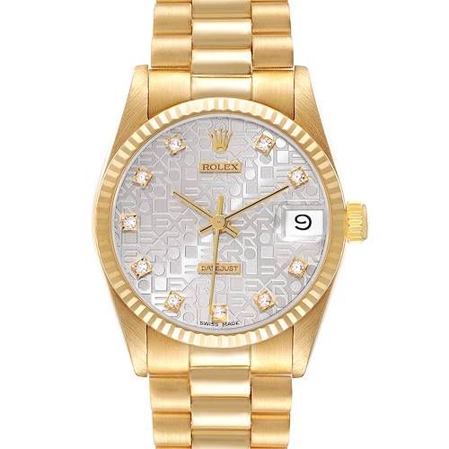 The Rolex President 68278 Women's Yellow Gold Silver Dial 68278 Women's Yellow Gold Silver Dial model watch is shown from a front angle, displaying the dial, bezel, and part of the bracelet.