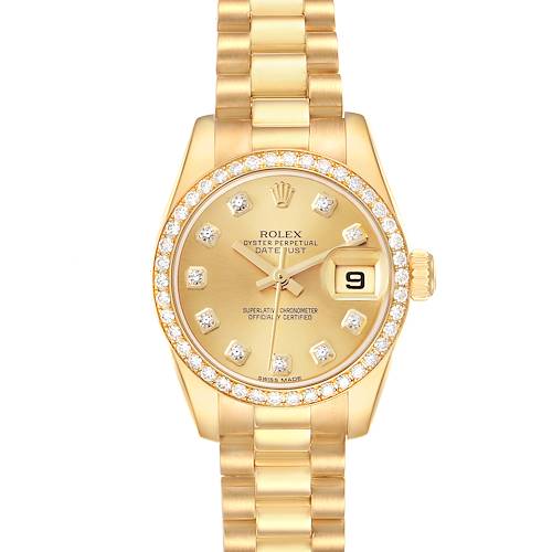 The image shows a front view of a Rolex President 179138 Women's Yellow Gold Champagne Dial 179138 Women's Yellow Gold Champagne Dial model watch, highlighting its gold case, diamond bezel, and bracelet.