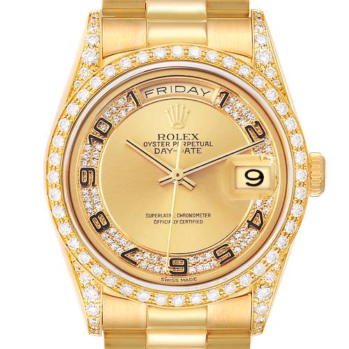 The Rolex President 18388 Men's Yellow Gold Champagne Dial 18388 Men's Yellow Gold Champagne Dial watch is shown from the front, displaying the dial, bezel with diamonds, day, and date features.