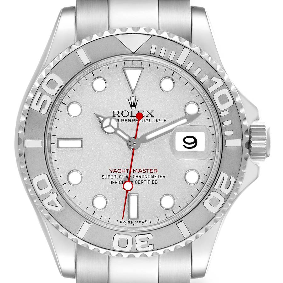 The Rolex Yacht-Master 16622 Men's Stainless Steel Silver Dial 16622 Men's Stainless Steel Silver Dial watch is shown from the front, displaying the dial, bezel, and crown.
