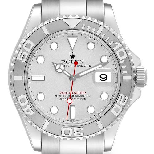 The Rolex Yacht-Master 16622 Men's Stainless Steel Silver Dial 16622 Men's Stainless Steel Silver Dial watch is shown from the front, displaying the bezel, dial, hands, and date window clearly.