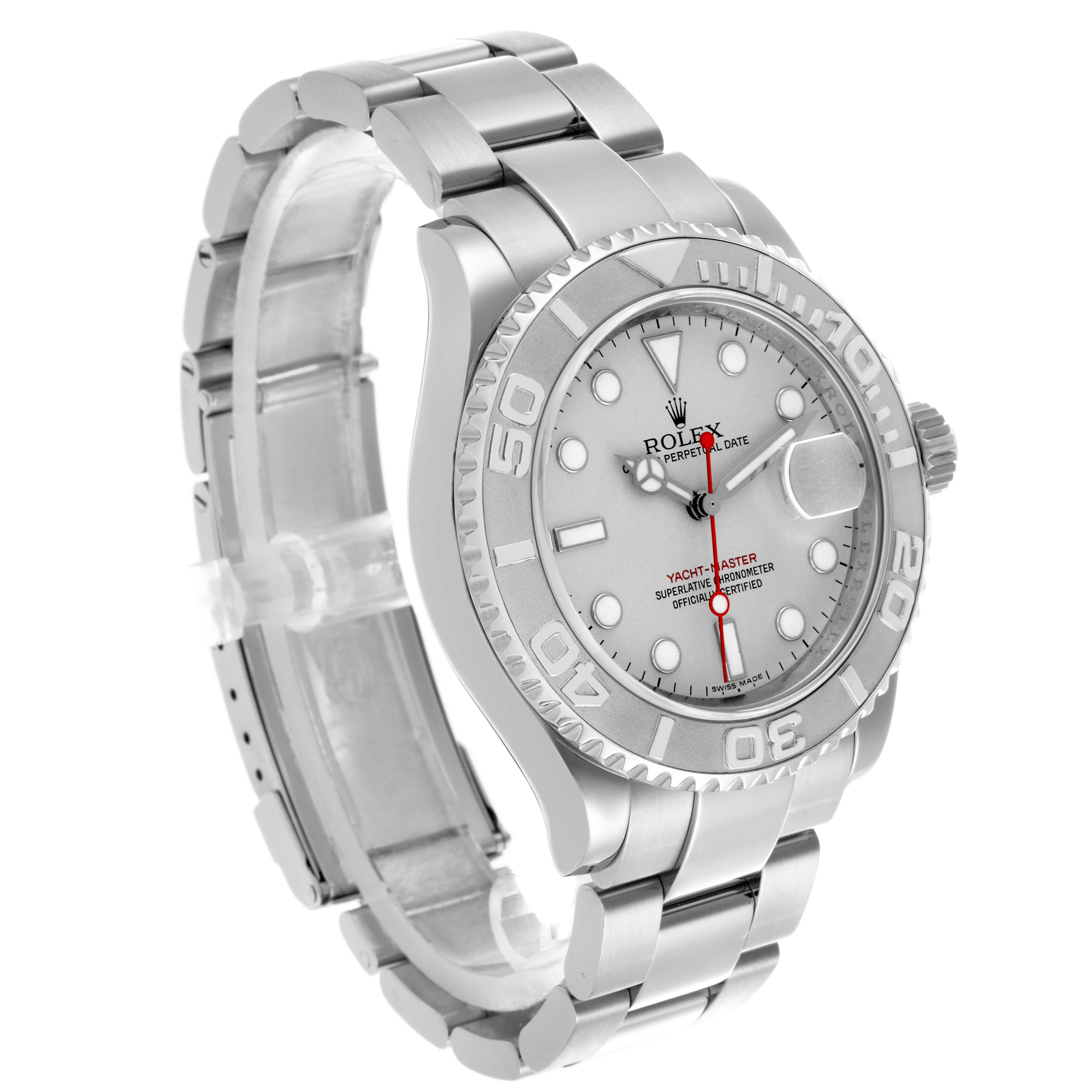 The Rolex Yacht-Master 16622 Men's Stainless Steel Silver Dial 16622 Men's Stainless Steel Silver Dial watch is shown from a front and slightly angled left view, displaying the face, bezel, and bracelet.