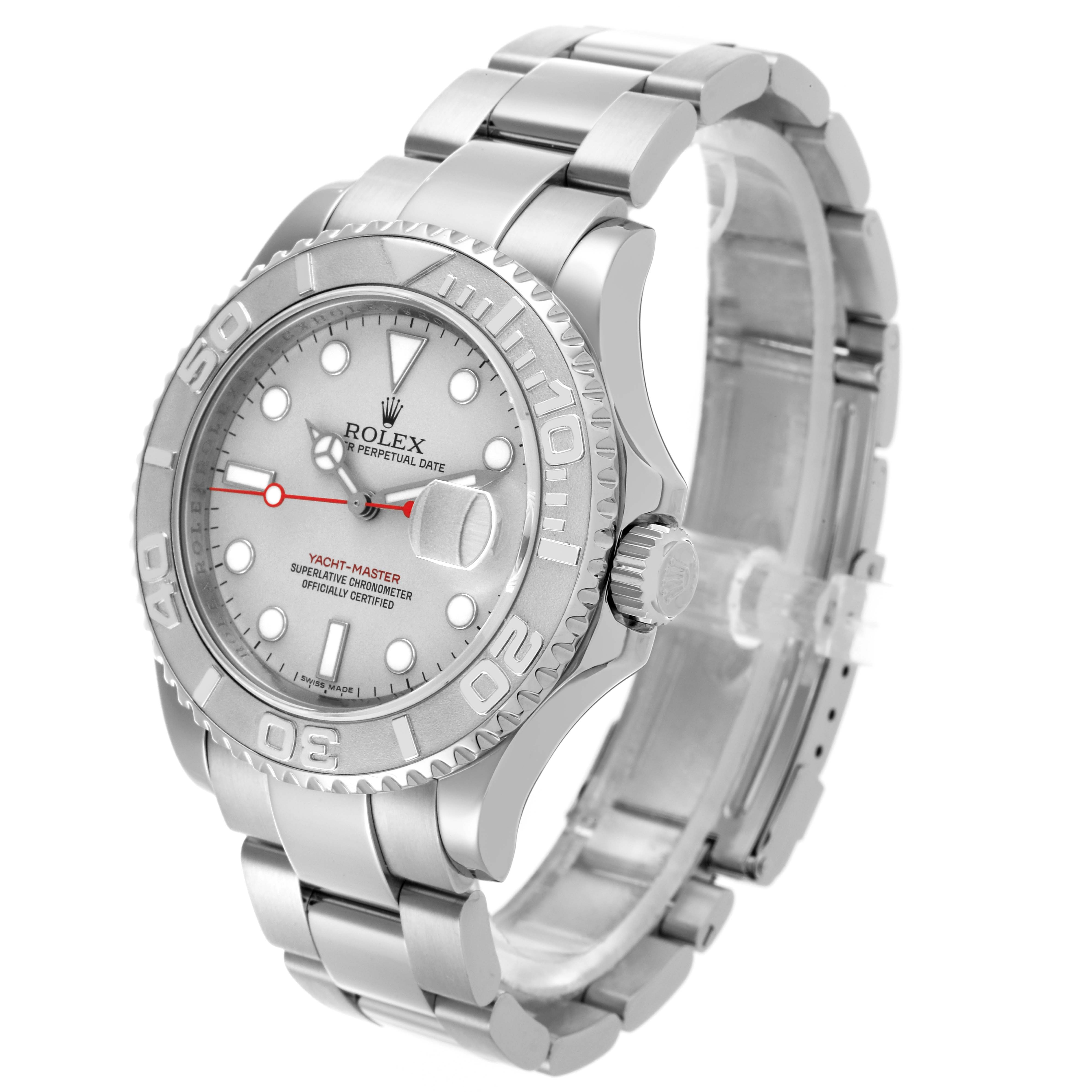 The Rolex Yacht-Master 16622 Men's Stainless Steel Silver Dial 16622 Men's Stainless Steel Silver Dial watch is shown at a three-quarter angle, displaying the bezel, dial, and bracelet.