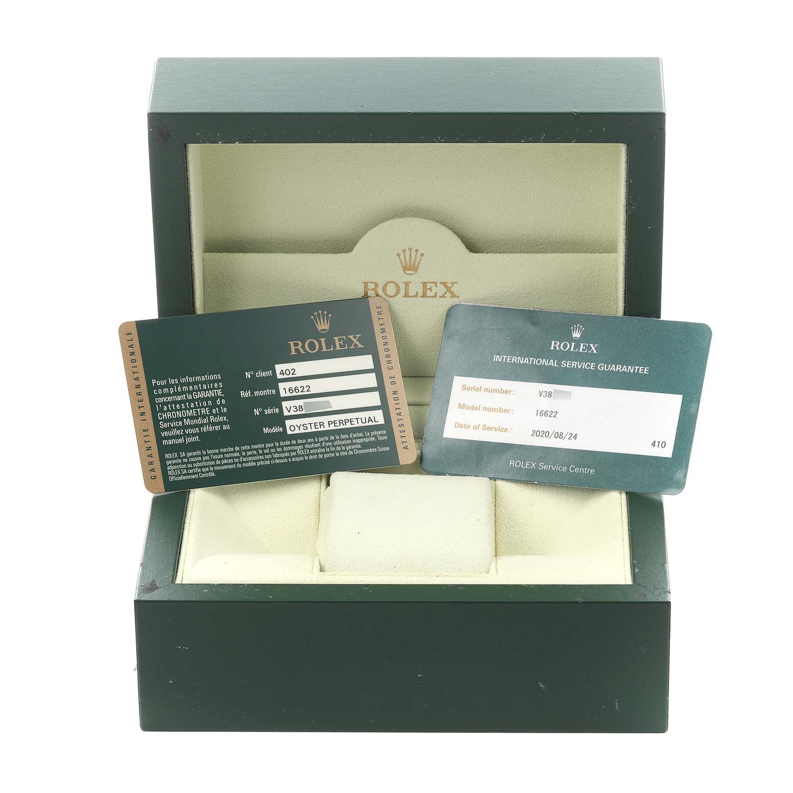 The image shows the packaging and warranty cards for the Rolex Yacht-Master 16622 Men's Stainless Steel Silver Dial 16622 Men's Stainless Steel Silver Dial, with an empty box displayed from the front.