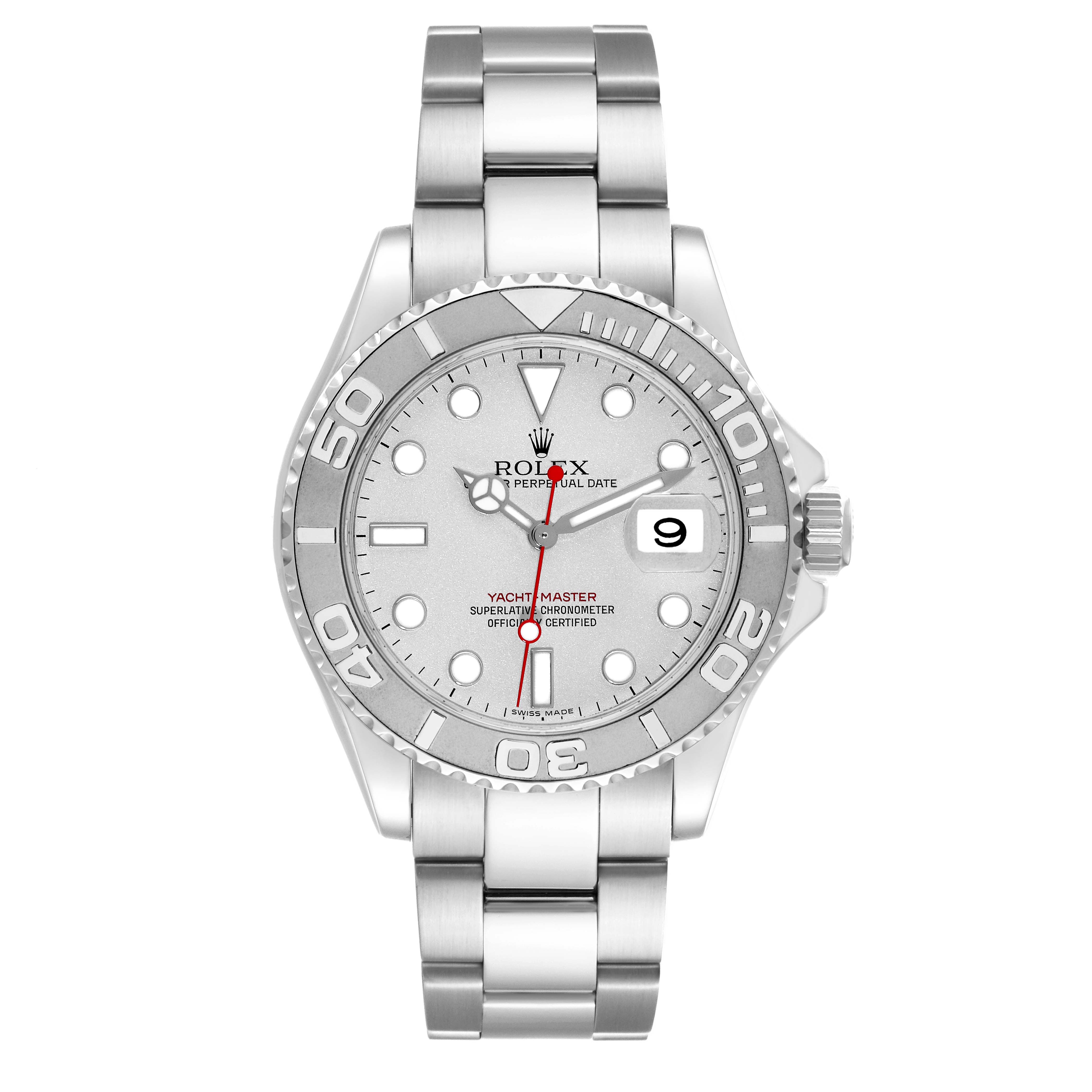 The Rolex Yacht-Master 16622 Men's Stainless Steel Silver Dial 16622 Men's Stainless Steel Silver Dial watch is shown from a front angle, highlighting the dial, bezel, and metal bracelet.
