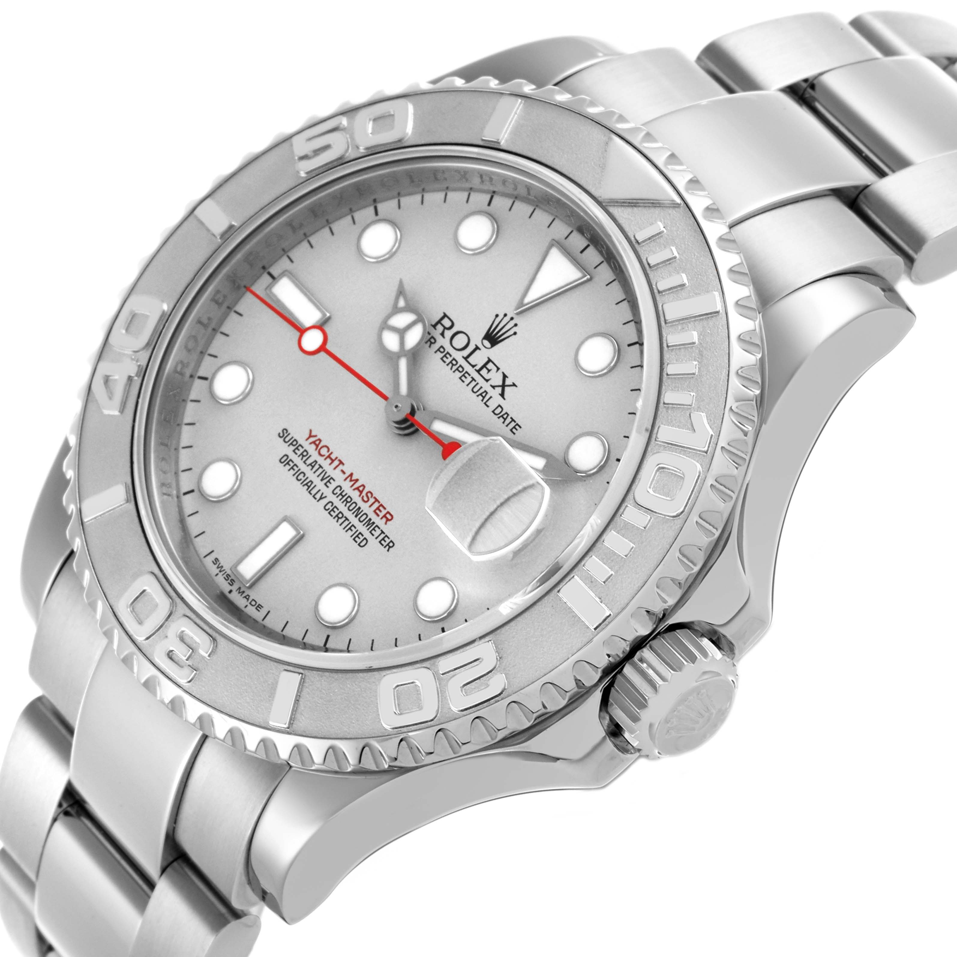 The Rolex Yacht-Master 16622 Men's Stainless Steel Silver Dial 16622 Men's Stainless Steel Silver Dial watch is shown at a slight angle, featuring the face, bezel, crown, and part of the bracelet.