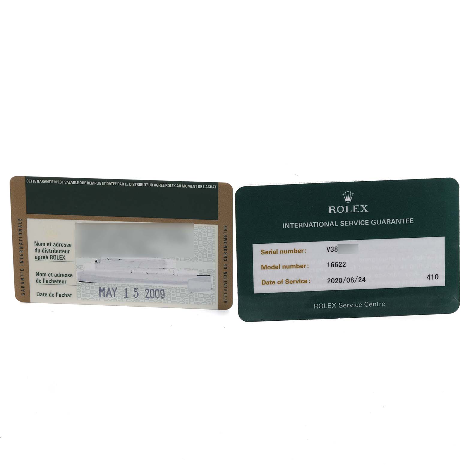 The image shows warranty and service guarantee cards for a Rolex Yacht-Master 16622 Men's Stainless Steel Silver Dial 16622 Men's Stainless Steel Silver Dial model.