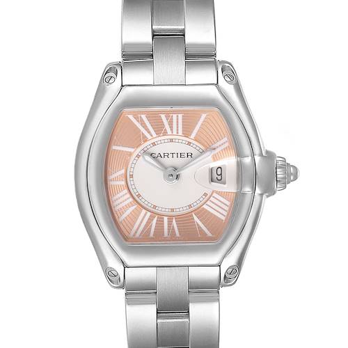The image shows a front view of the Cartier Roadster W62054V3 Women's Stainless Steel Pink Dial W62054V3 Women's Stainless Steel Pink Dial watch, featuring its dial, case, and part of the bracelet.