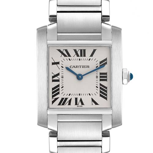 The Cartier Tank Francaise W51003Q3 Women's Stainless Steel White Dial W51003Q3 Women's Stainless Steel White Dial watch is shown from a front angle, highlighting the face, bezel, and part of the bracelet.