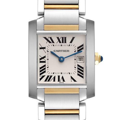 The image shows a Cartier Tank Francaise W51012Q4 Women's Steel and Gold (two tone) Silver Dial W51012Q4 Women's Steel and Gold (two tone) Silver Dial watch from the front, displaying the face, Roman numerals, hands, and part of the bracelet.