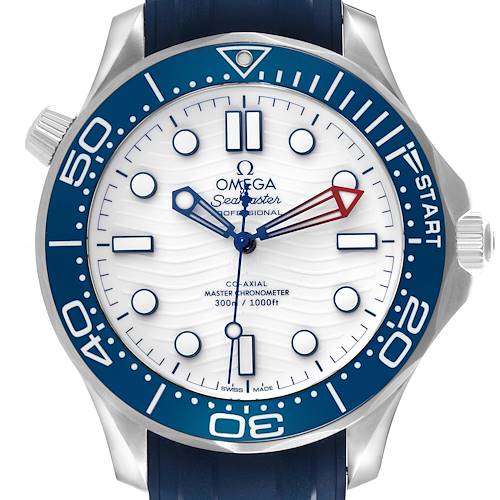 The Omega Seamaster 210.32.42.20.04.002 Men's Stainless Steel White Dial 210.32.42.20.04.002 Men's Stainless Steel White Dial watch is shown from a front angle, highlighting its blue bezel and white dial.