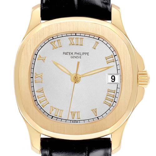 The Patek Philippe Aquanaut 5060 Men's Yellow Gold Silver Dial 5060 Men's Yellow Gold Silver Dial watch is shown from a front angle, displaying the dial, hands, and date window prominently.