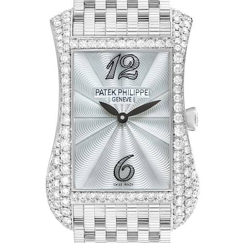 The Patek Philippe Gondolo 4972/1G-001 Women's White Gold Mother of Pearl Dial watch is shown from a front angle, highlighting the face, dial, and partial bracelet.