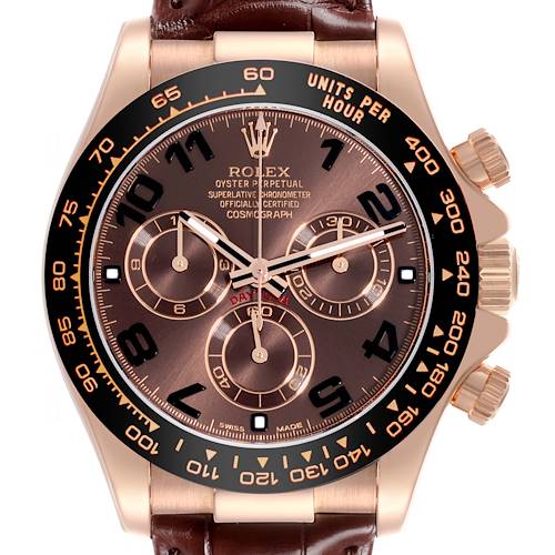 The Rolex Daytona 116515LN Men's Rose Gold Brown Dial 116515LN Men's Rose Gold Brown Dial watch is shown from the front, displaying the dial, bezel, and pushers.
