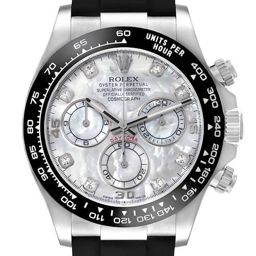 This Rolex Daytona 116519LN Men's White Gold Mother of Pearl Dial 116519LN Men's White Gold Mother of Pearl Dial watch is shown from a front angle, displaying the bezel, dial, subdials, and pushers.