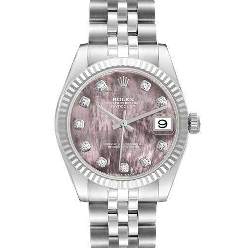 The Rolex Datejust watch is shown from the front, highlighting the dial, bezel, crown, and bracelet.