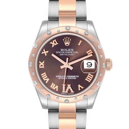 The Rolex Datejust watch is shown from a straight-on angle, displaying the face, bezel, and part of the bracelet.