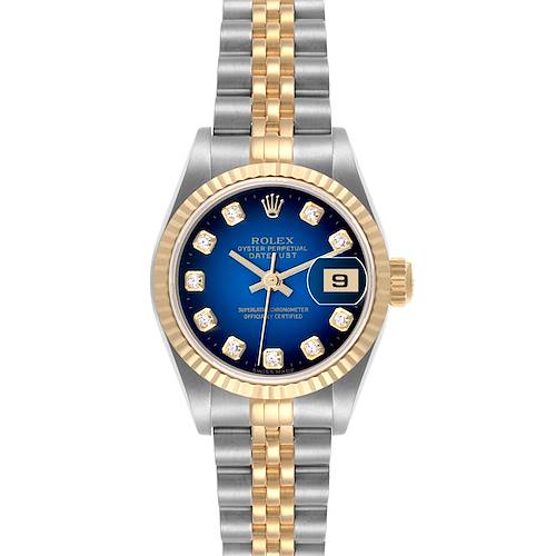 The Rolex Datejust 69173 Women's Steel and Gold (two tone) Blue Dial 69173 Women's Steel and Gold (two tone) Blue Dial watch is shown from the front, displaying the dial, bracelet, bezel, and crown.