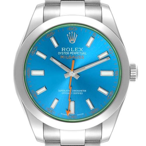 The Rolex Milgauss 116400GV Men's Stainless Steel Blue Dial 116400GV Men's Stainless Steel Blue Dial watch is shown front-facing, highlighting the dial, hands, crown, and partial bracelet.