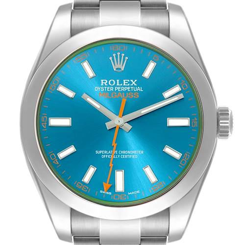 The image shows a front view of the Rolex Milgauss 116400GV Men's Stainless Steel Blue Dial 116400GV Men's Stainless Steel Blue Dial watch, highlighting its blue dial and metal bracelet.