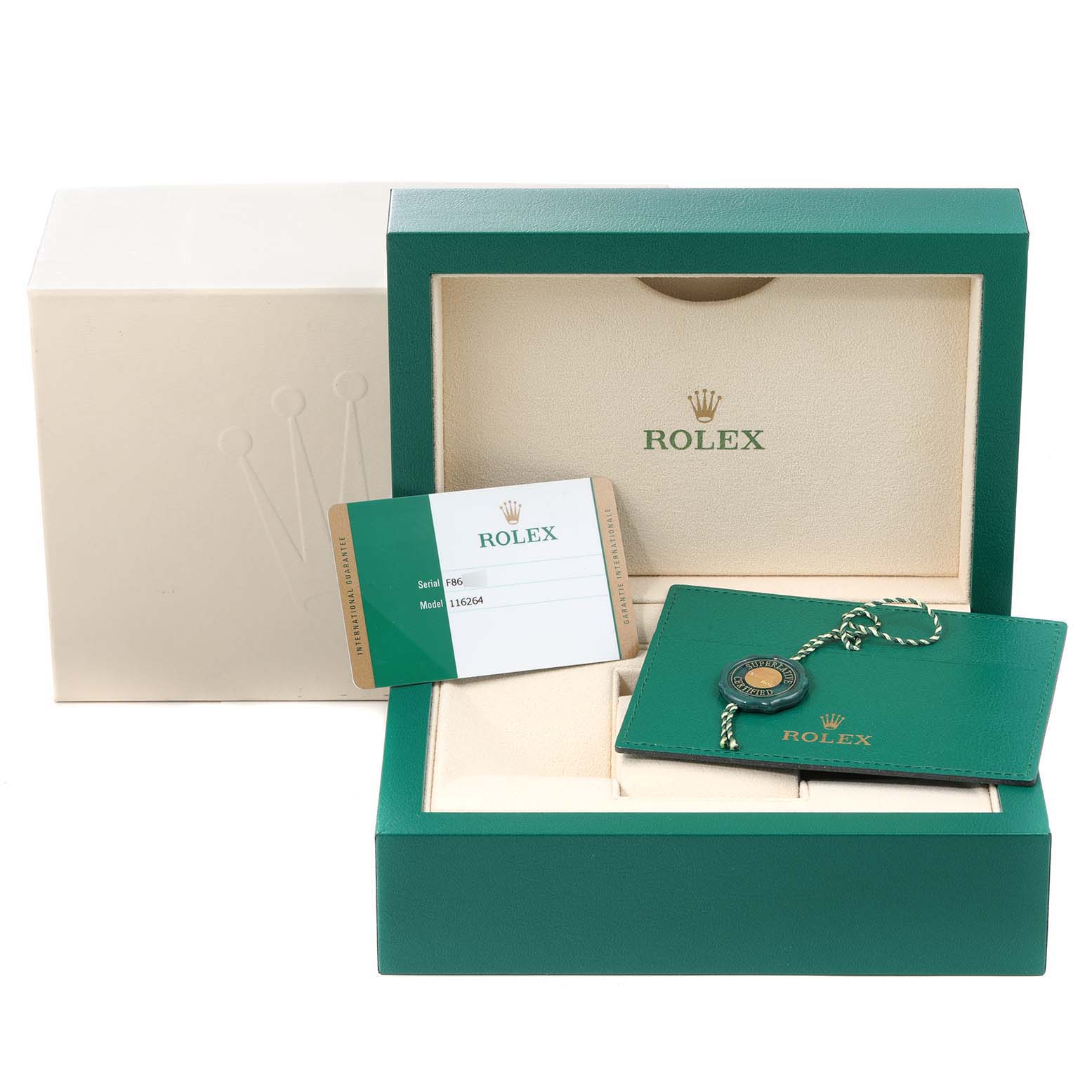 The image shows the packaging and accessories of a Rolex Turn-o-Graph 116264 Men's Stainless Steel White Dial 116264 Men's Stainless Steel White Dial, including a box, booklet, card, and tag.