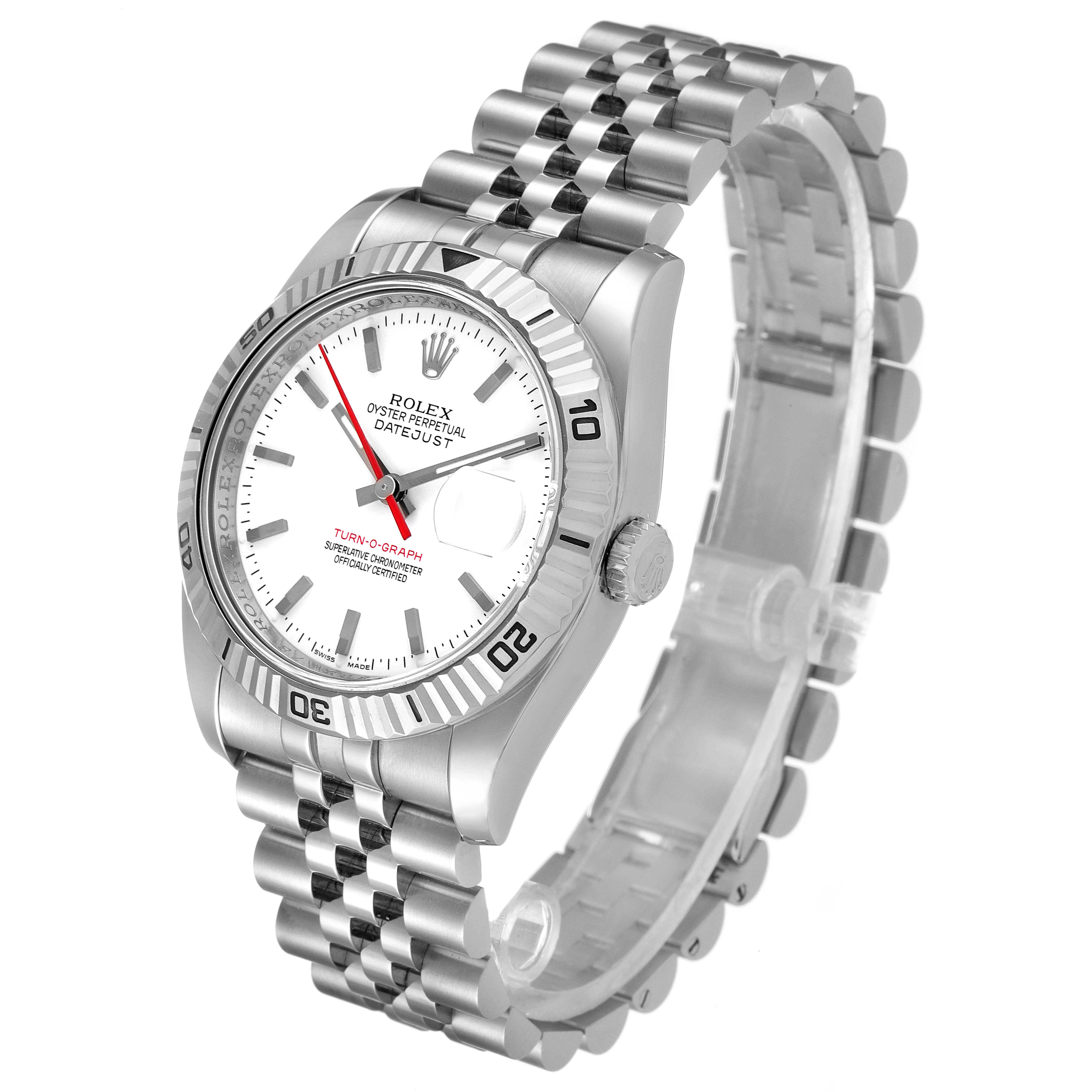The Rolex Turn-o-Graph 116264 Men's Stainless Steel White Dial 116264 Men's Stainless Steel White Dial watch is shown at an angled view, highlighting the dial, bezel, and bracelet parts.
