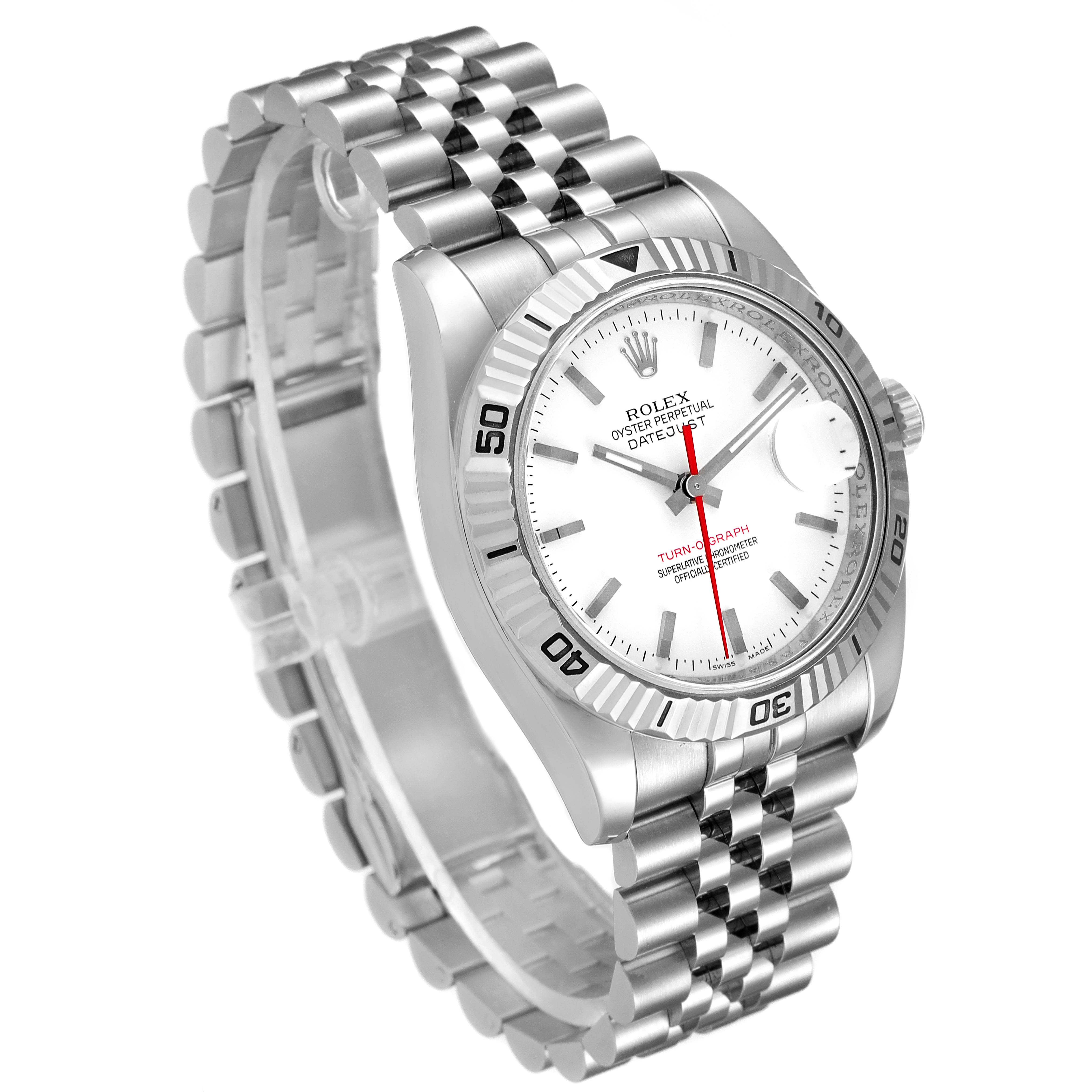 The image shows a Rolex Turn-o-Graph 116264 Men's Stainless Steel White Dial 116264 Men's Stainless Steel White Dial watch angled to display its face, bezel, crown, and bracelet.