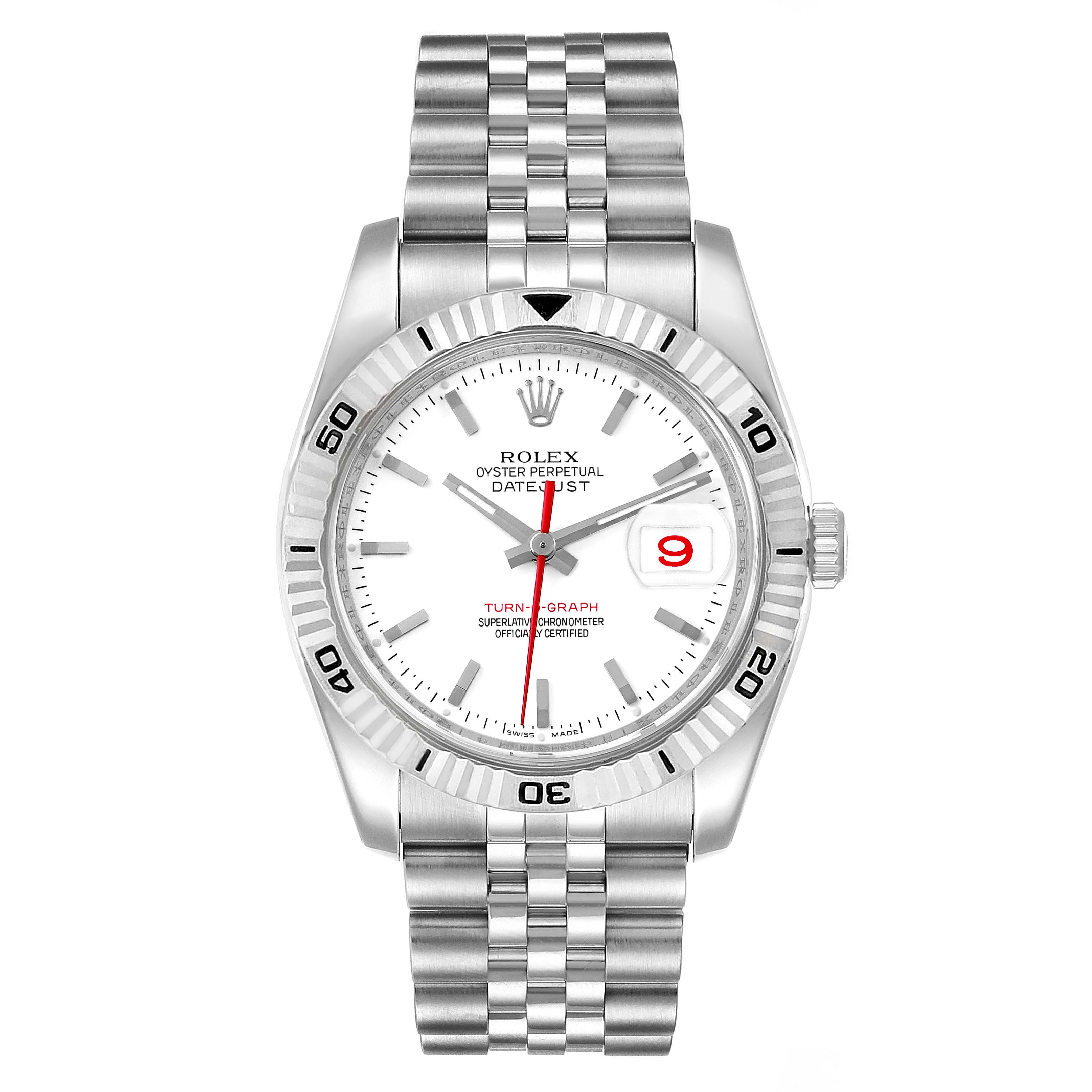 The image shows a Rolex Turn-o-Graph 116264 Men's Stainless Steel White Dial 116264 Men's Stainless Steel White Dial watch from a front angle, displaying its face, bezel, and metal bracelet.