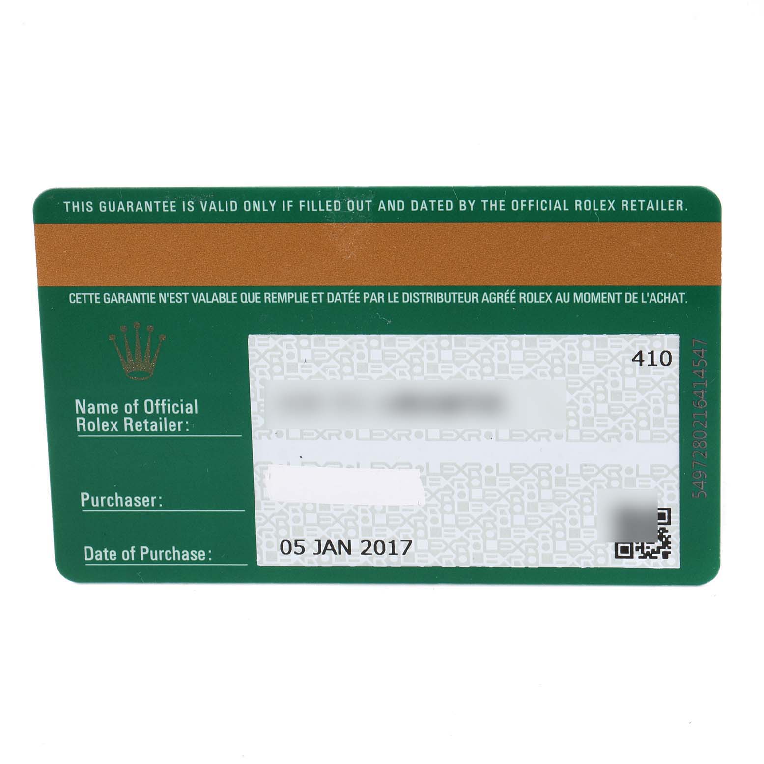 This image shows a green and brown warranty card for a Rolex Turn-o-Graph 116264 Men's Stainless Steel White Dial 116264 Men's Stainless Steel White Dial model, dated 05 JAN 2017.