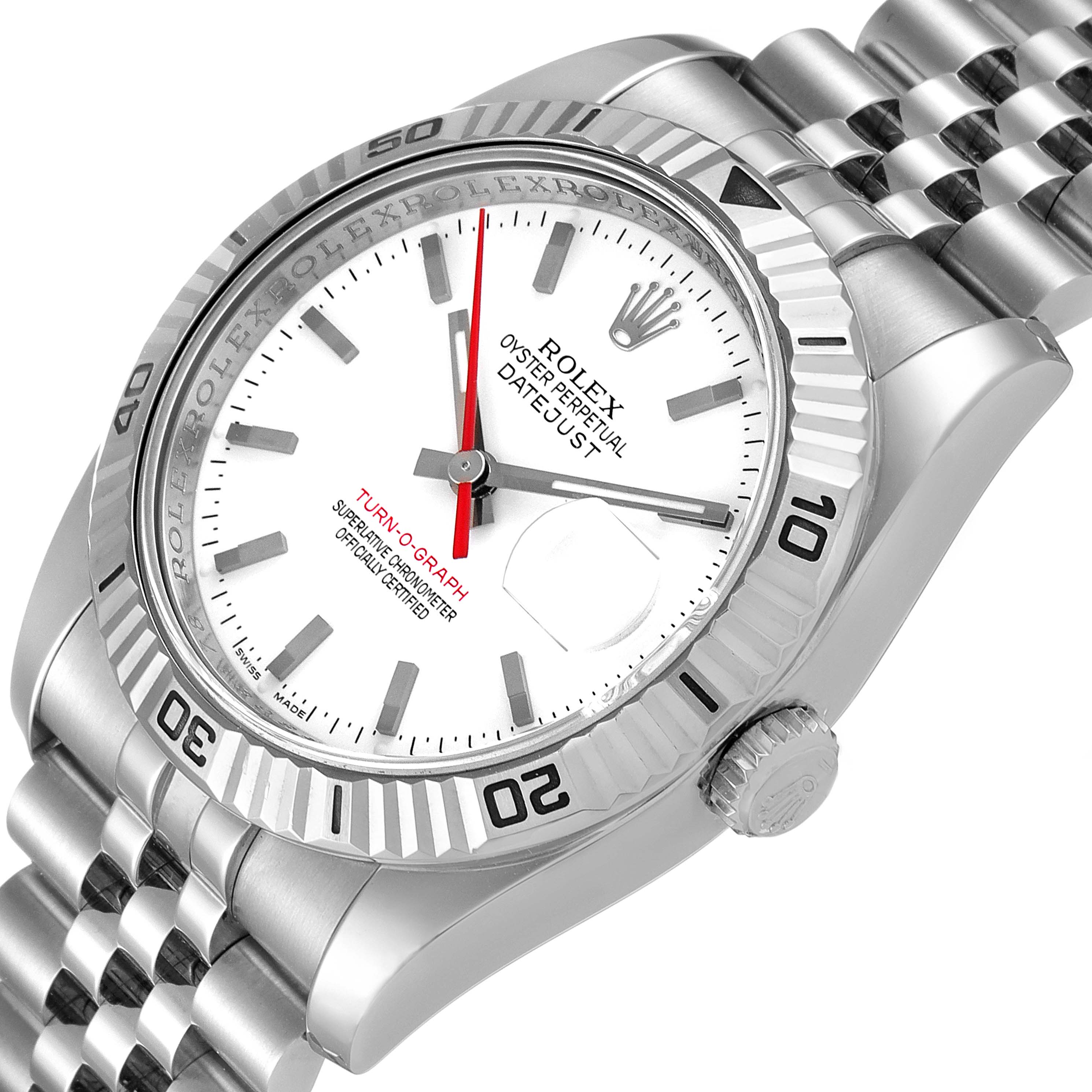 The image displays a Rolex Turn-o-Graph 116264 Men's Stainless Steel White Dial 116264 Men's Stainless Steel White Dial watch at an angle highlighting the dial, bezel, crown, and part of the bracelet.