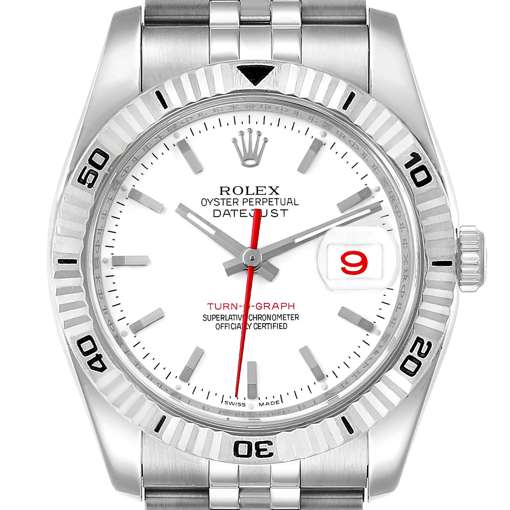 This image shows a front view of a Rolex Turn-o-Graph 116264 Men's Stainless Steel White Dial 116264 Men's Stainless Steel White Dial watch, highlighting the dial, bezel, hands, and bracelet.