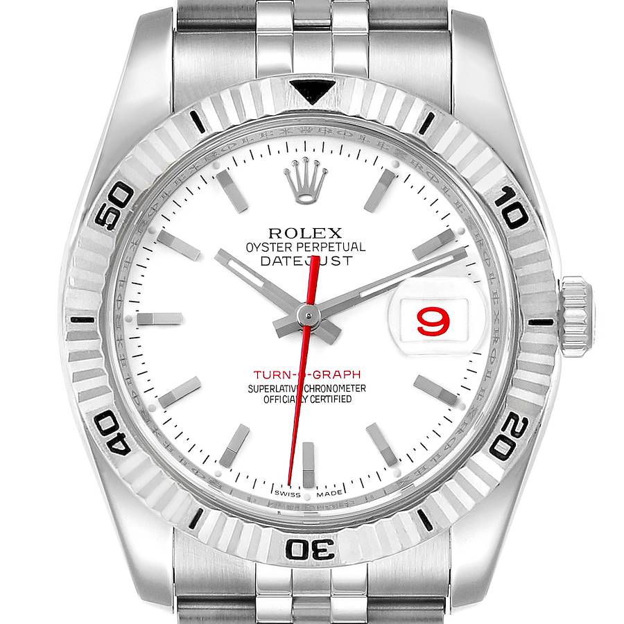 This image shows a front view of a Rolex Turn-o-Graph 116264 Men's Stainless Steel White Dial 116264 Men's Stainless Steel White Dial watch, highlighting the dial, bezel, hands, and bracelet.