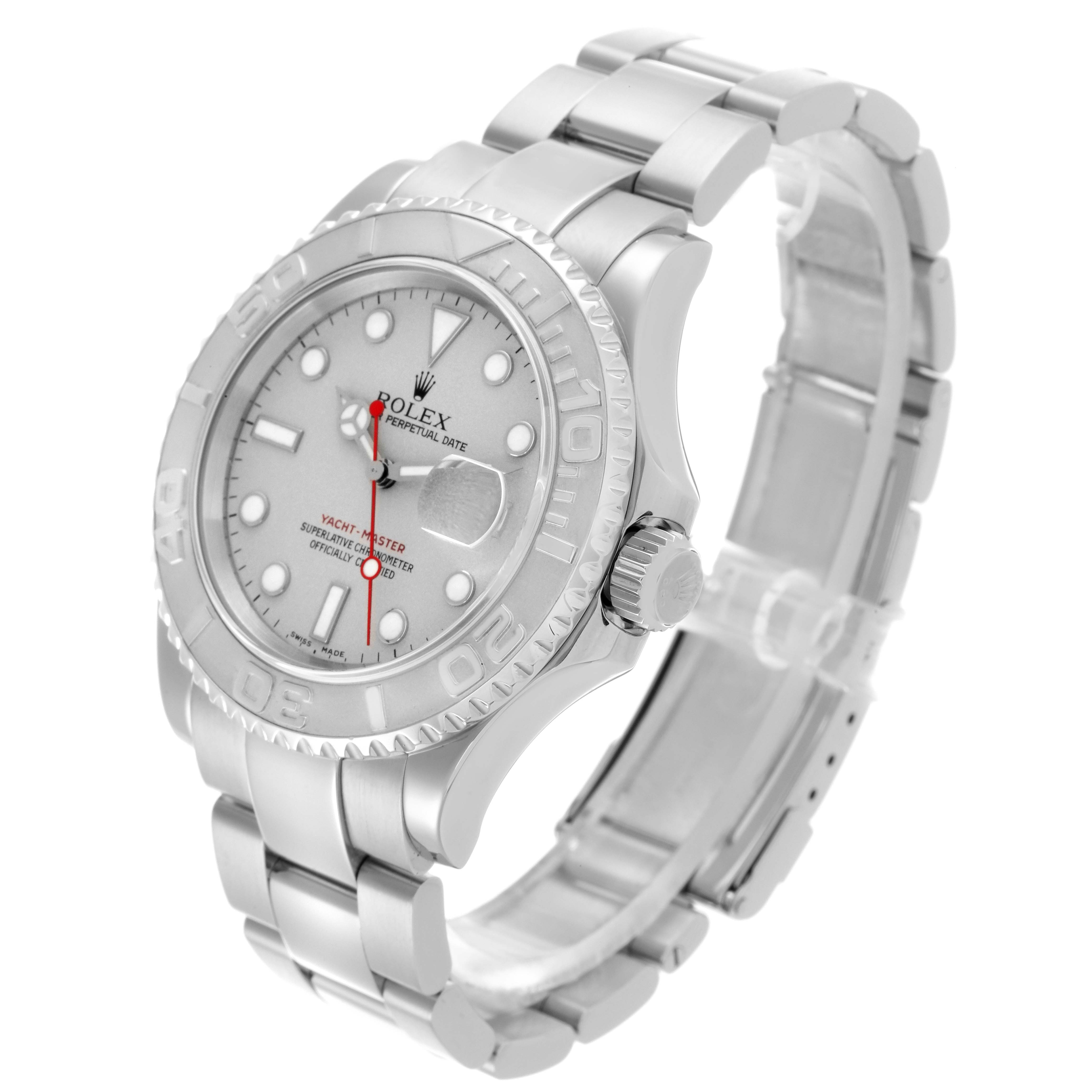 The Rolex Yacht-Master 16622 Men's Stainless Steel Silver Dial 16622 Men's Stainless Steel Silver Dial watch is shown from a three-quarter angle, highlighting the face, bezel, crown, and bracelet.