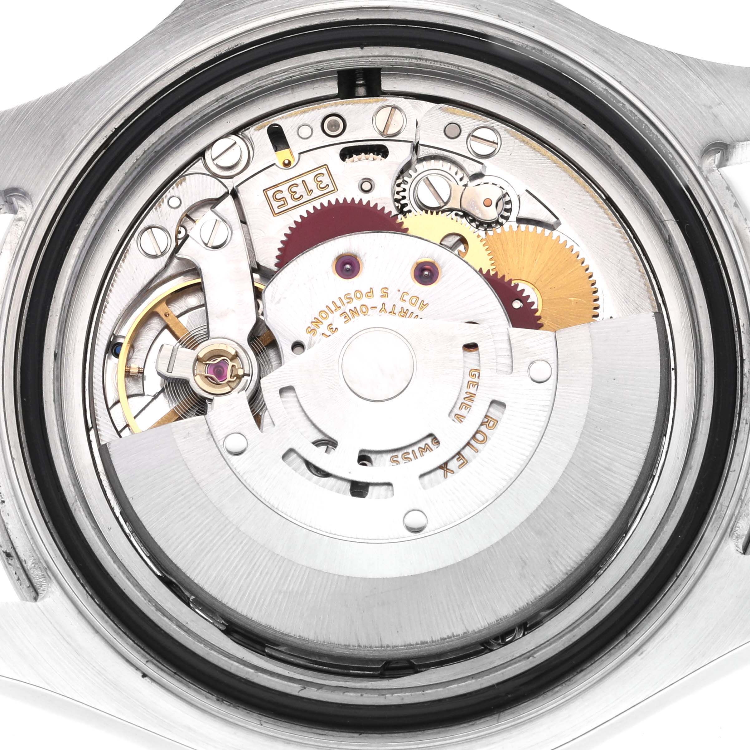 The image shows the movement and internal components of a Rolex Yacht-Master 16622 Men's Stainless Steel Silver Dial 16622 Men's Stainless Steel Silver Dial watch viewed from the back.
