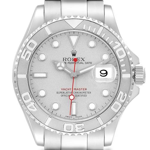 The image shows a frontal view of the Rolex Yacht-Master 16622 Men's Stainless Steel Silver Dial 16622 Men's Stainless Steel Silver Dial watch, displaying the dial, bezel, and crown.