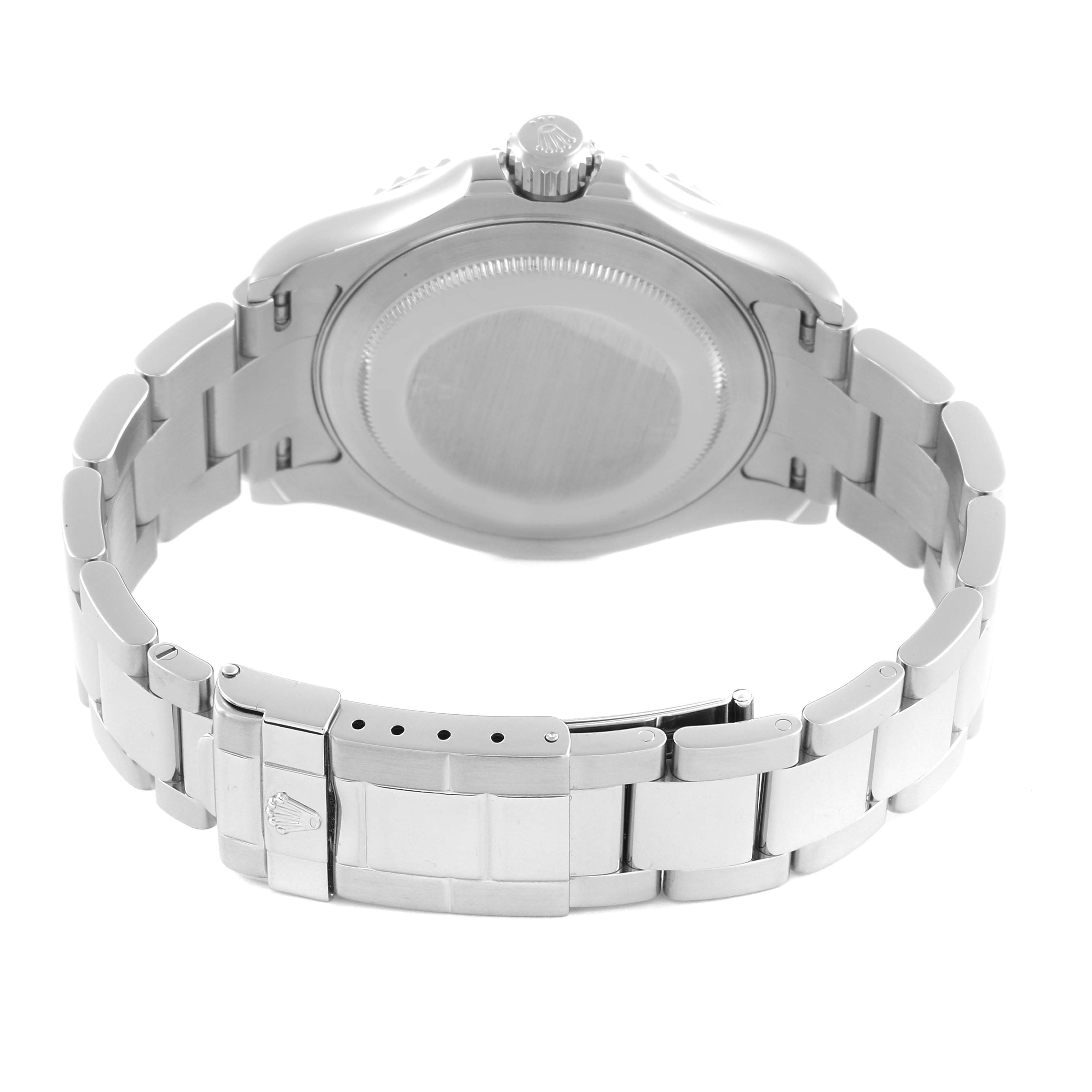 The Rolex Yacht-Master 16622 Men's Stainless Steel Silver Dial 16622 Men's Stainless Steel Silver Dial watch is shown from the back, displaying the case back and bracelet with a visible clasp.