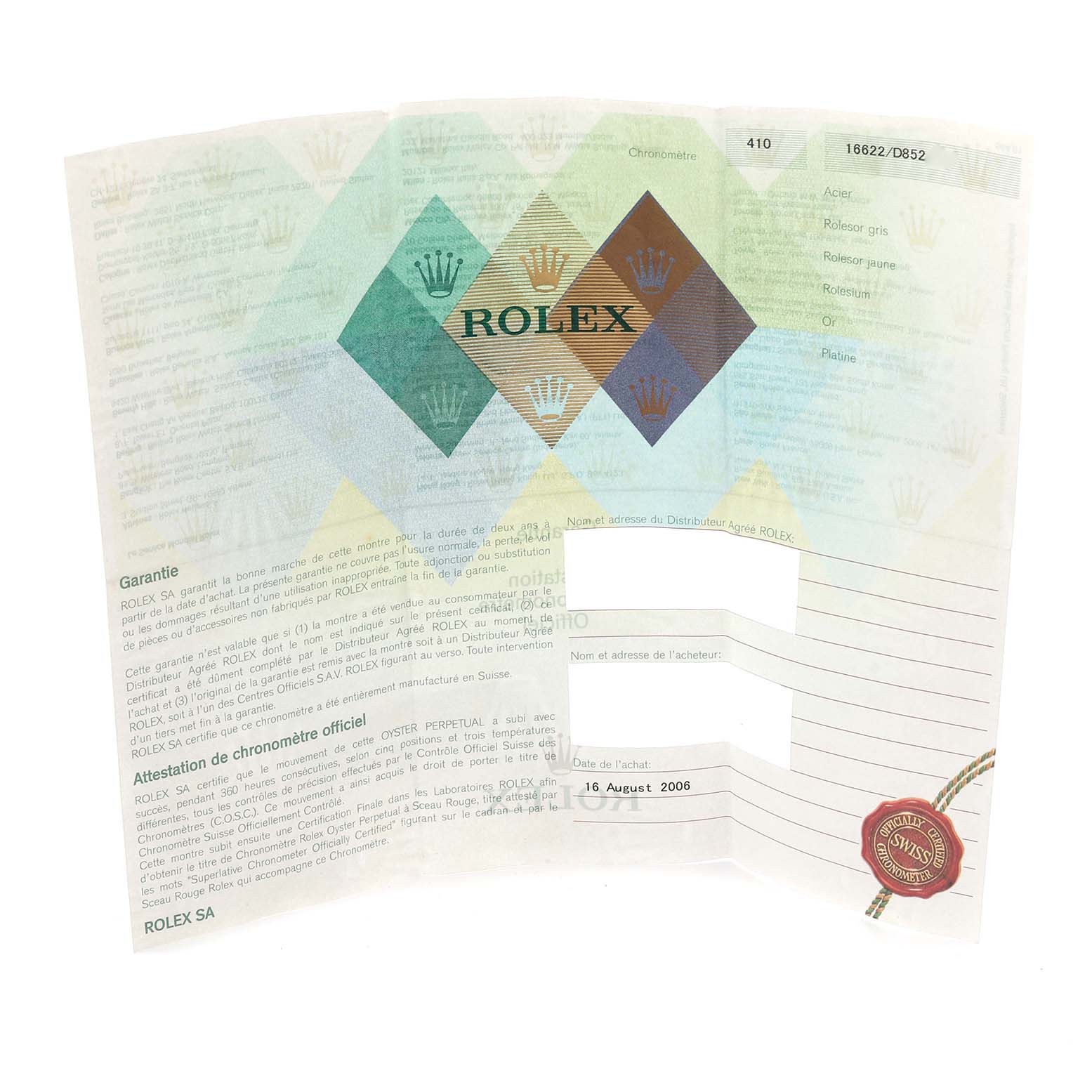 The image shows a warranty document for a Rolex Yacht-Master 16622 Men's Stainless Steel Silver Dial 16622 Men's Stainless Steel Silver Dial, featuring text and branding elements.