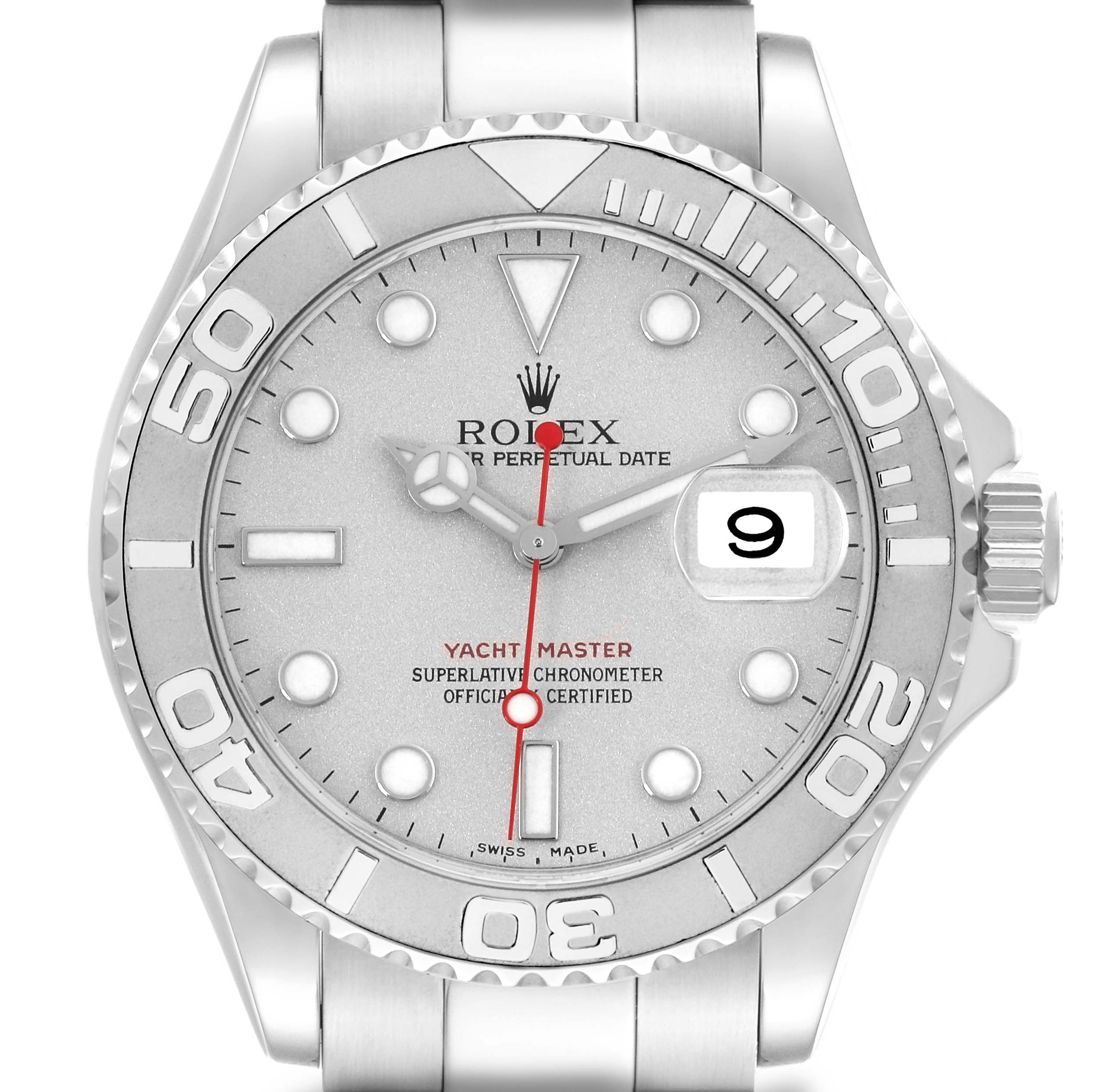The Rolex Yacht-Master 16622 Men's Stainless Steel Silver Dial 16622 Men's Stainless Steel Silver Dial watch is shown from a front angle, displaying the face, bezel, hands, and part of the bracelet.