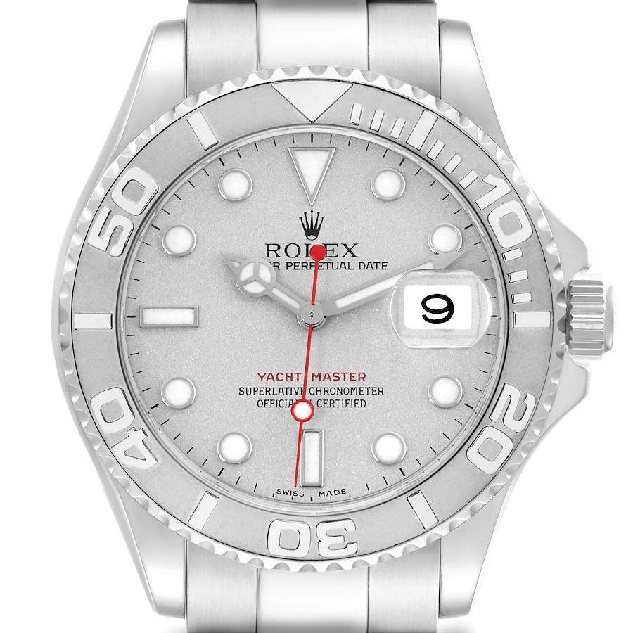 The Rolex Yacht-Master 16622 Men's Stainless Steel Silver Dial 16622 Men's Stainless Steel Silver Dial watch is shown from a front angle, displaying the face, bezel, hands, and part of the bracelet.