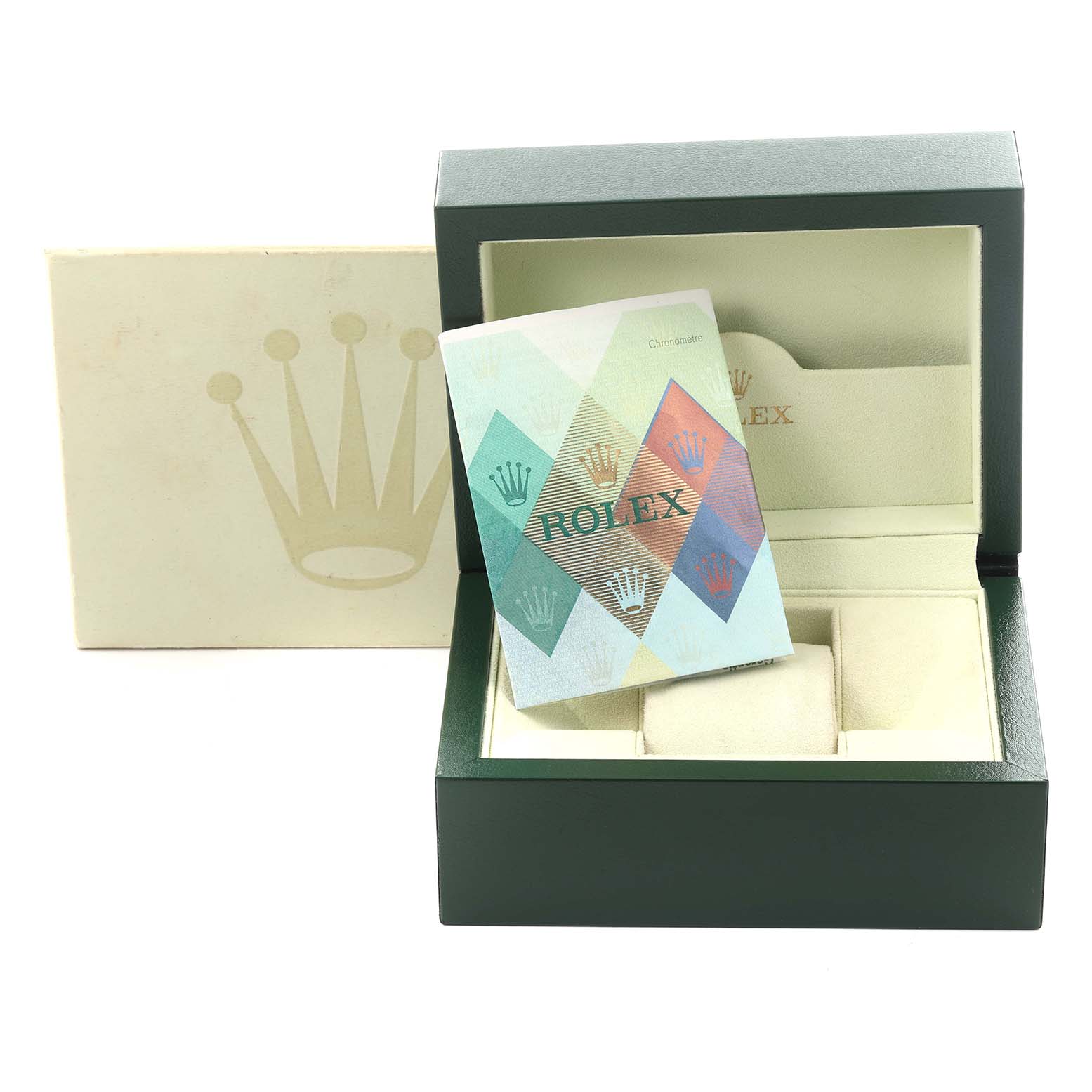 The image shows a Rolex Yacht-Master 16622 Men's Stainless Steel Silver Dial 16622 Men's Stainless Steel Silver Dial watch box with a certificate card, featuring an open presentation angle.