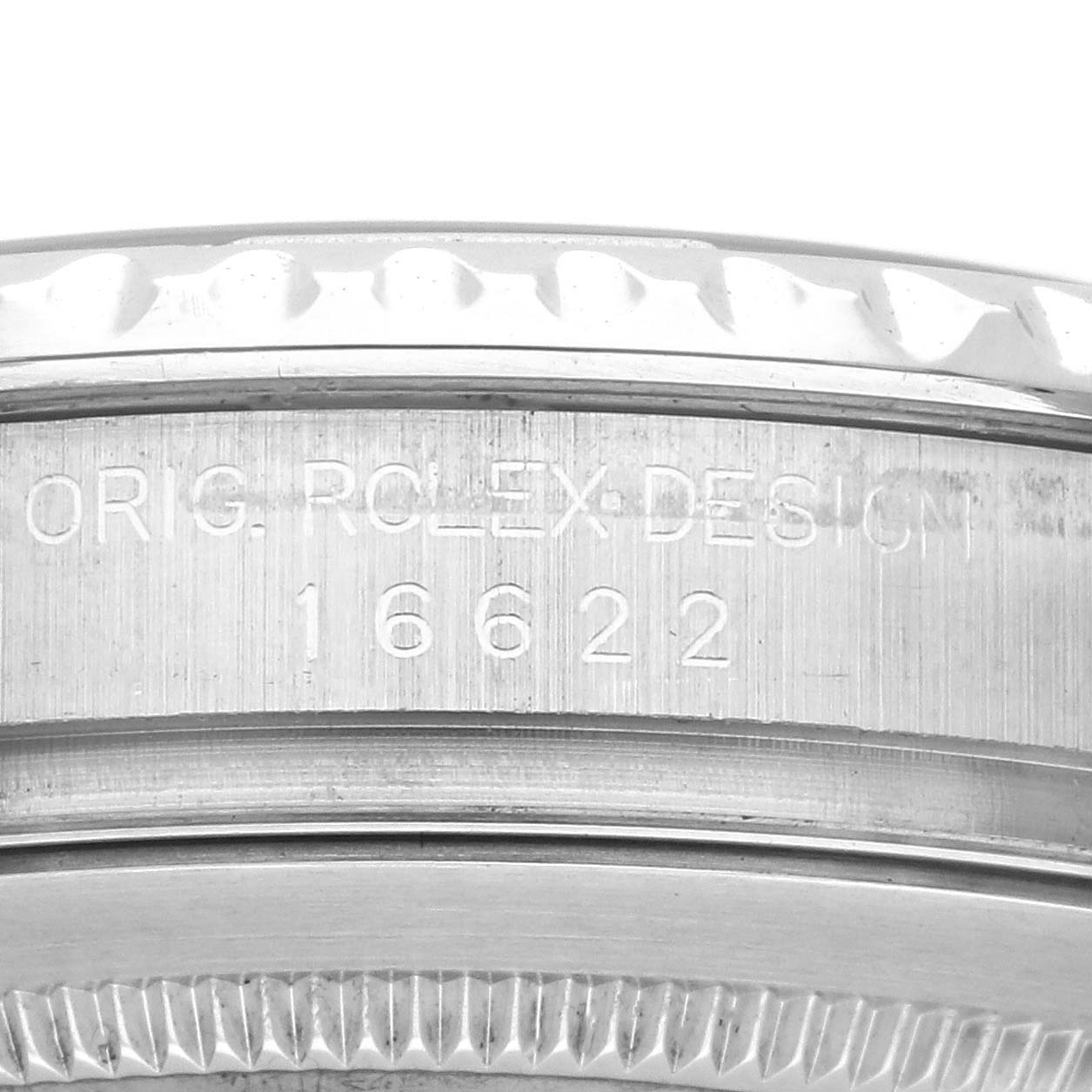 The image shows the side view of a Rolex Yacht-Master 16622 Men's Stainless Steel Silver Dial 16622 Men's Stainless Steel Silver Dial watch, focusing on the engraved case with model number 16622.