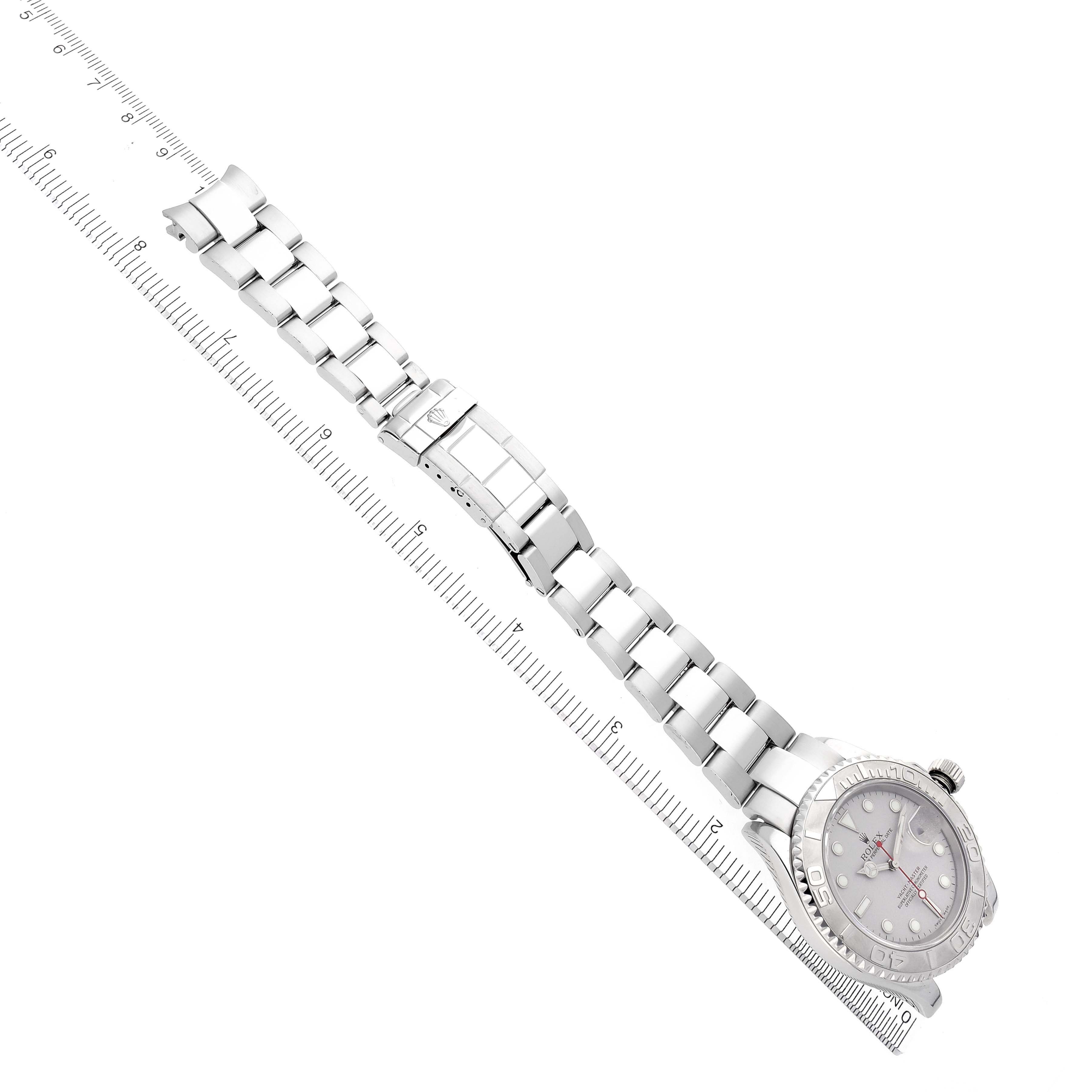 The image shows the Rolex Yacht-Master 16622 Men's Stainless Steel Silver Dial 16622 Men's Stainless Steel Silver Dial watch at an angled top-down view, displaying the full bracelet, clasp, and dial.