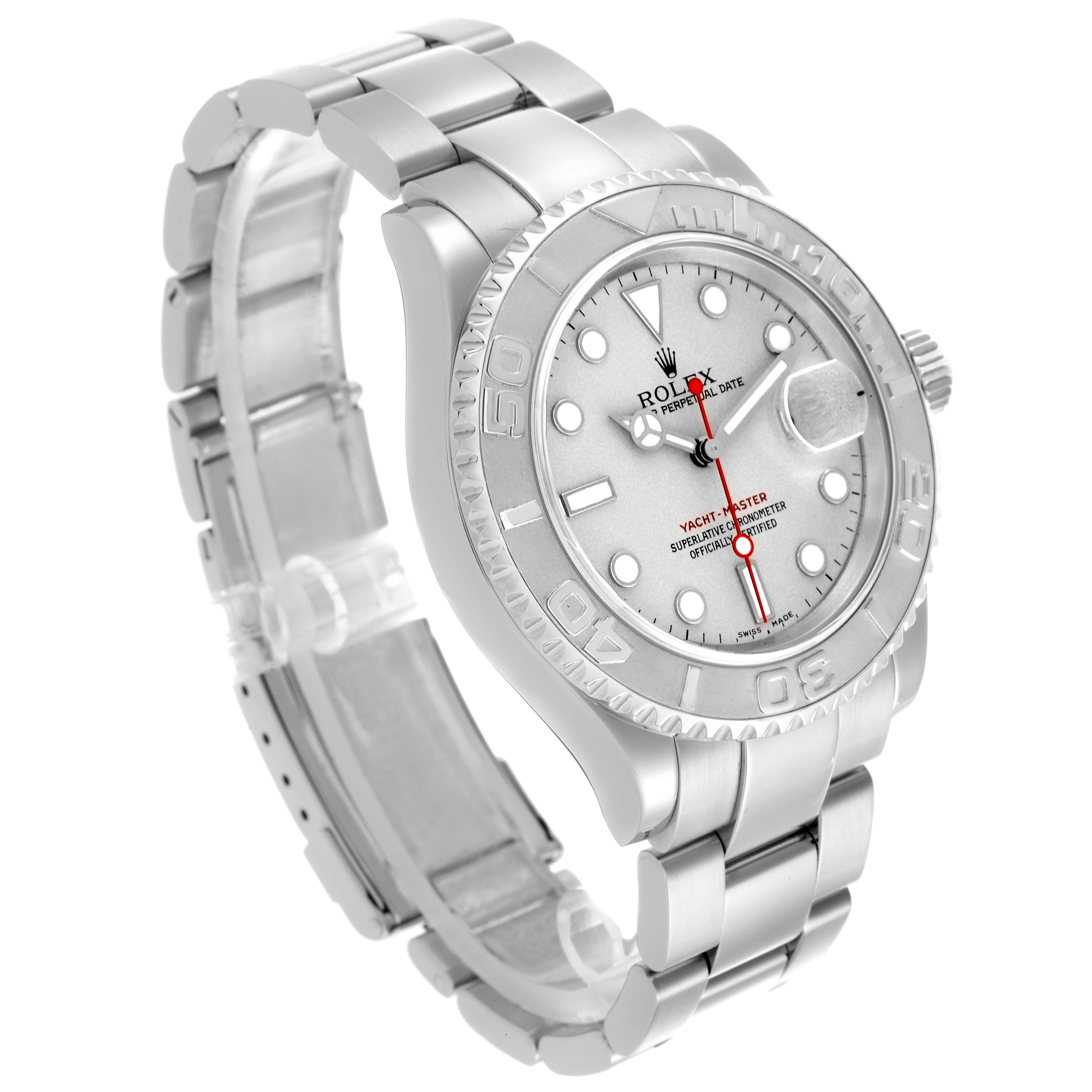 The Rolex Yacht-Master 16622 Men's Stainless Steel Silver Dial 16622 Men's Stainless Steel Silver Dial watch is shown at an angled front view, highlighting the face, bezel, and bracelet.