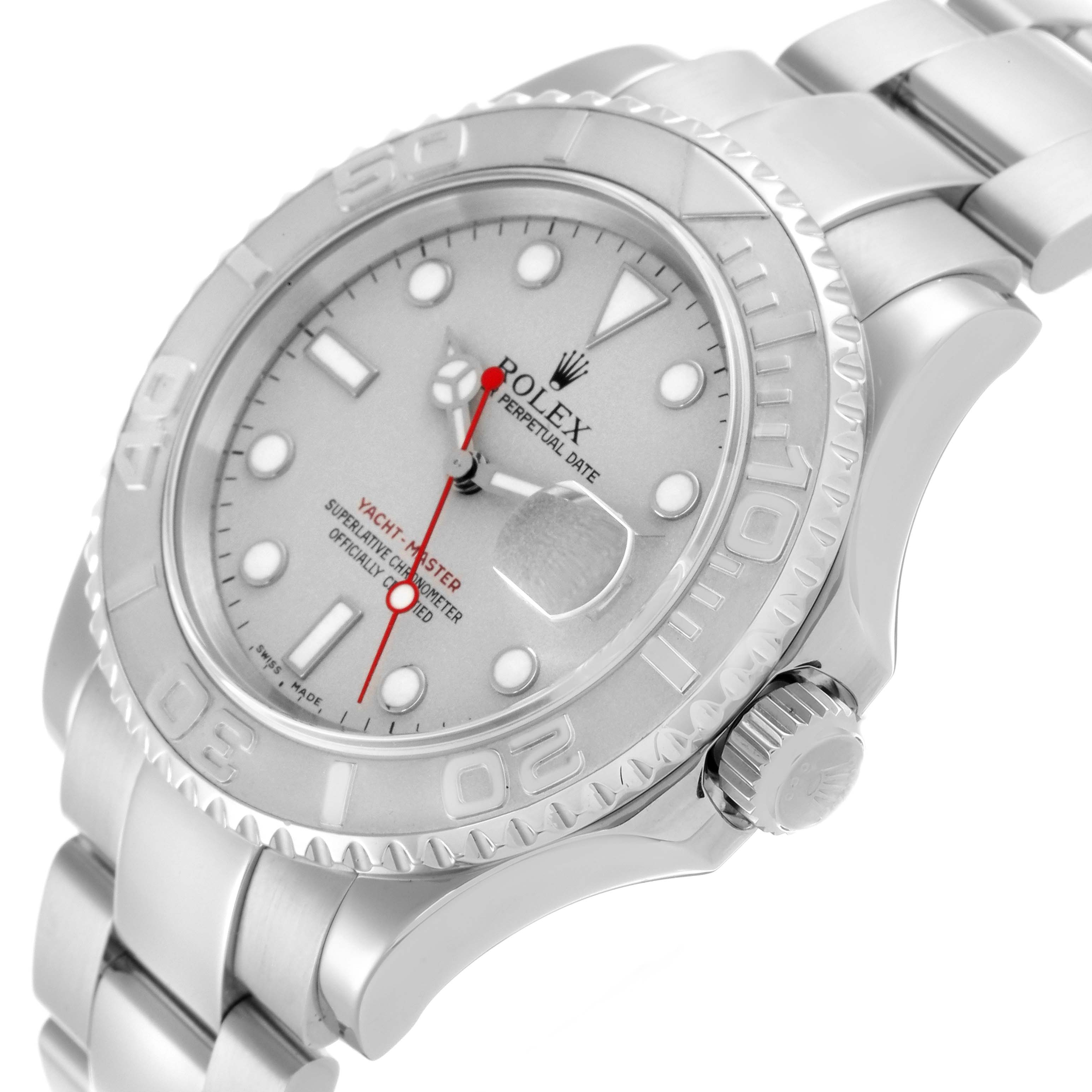 The Rolex Yacht-Master 16622 Men's Stainless Steel Silver Dial 16622 Men's Stainless Steel Silver Dial watch is shown at an angled side view, highlighting the case, bezel, dial, crown, and part of the bracelet.