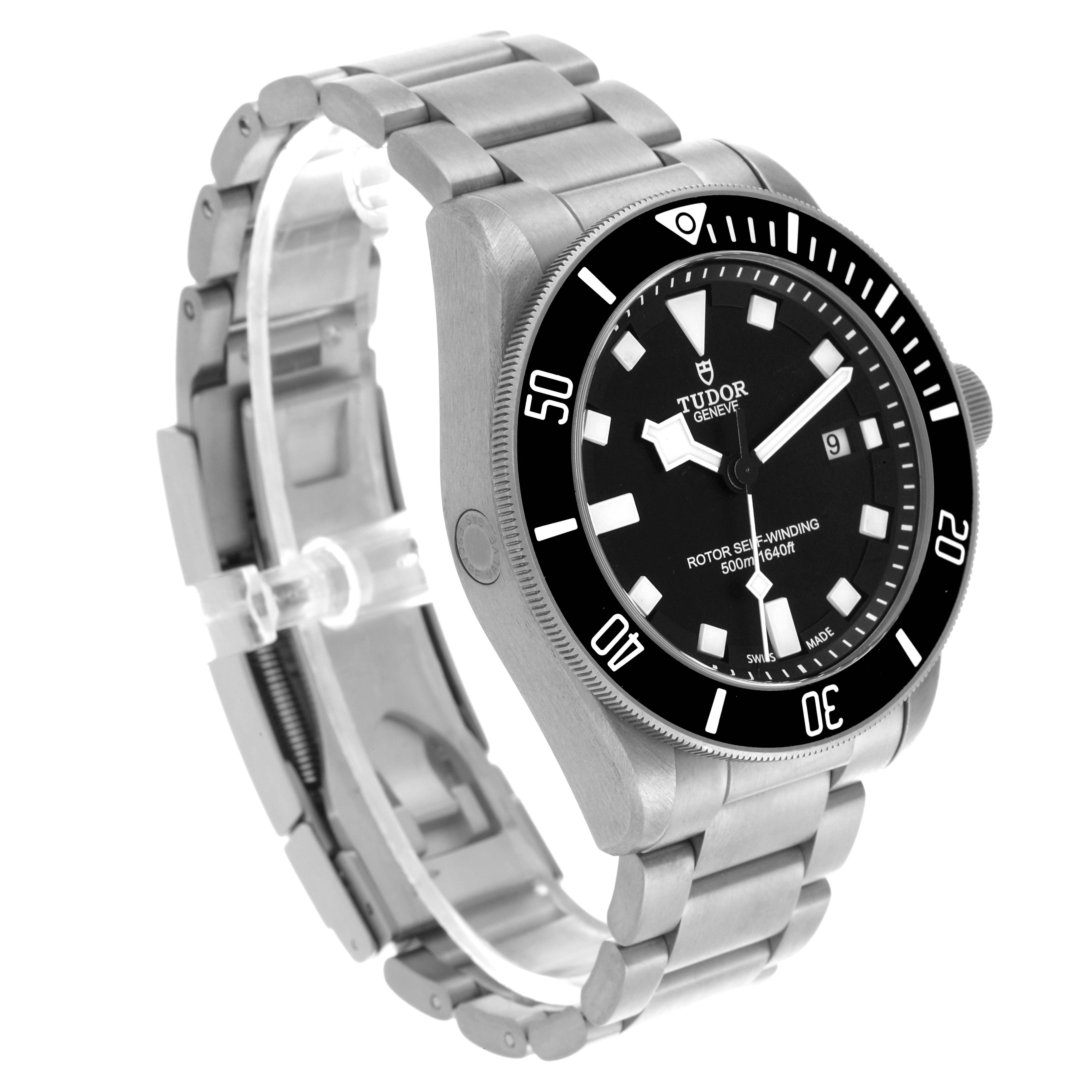 The Tudor Pelagos 25500TN Men's Titanium Black Dial 25500TN Men's Titanium Black Dial watch is shown at a three-quarter angle, displaying the face, bezel, crown, and part of the bracelet.